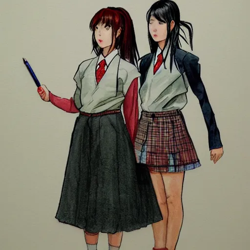 Image similar to a perfect, realistic professional digital sketch of two Japanese schoolgirls posing, in style of Marvel, full length, by pen and watercolor, by a professional American senior artist on ArtStation, a high-quality hollywood-style sketch, on high-quality paper