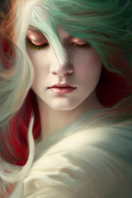 Image similar to portrait of white ghost, dark fantasy, gradient white red grey, dreamy and ethereal, green eyes, golden ratio, peaceful expression, lace, fantasy, intricate, elegant, stormy sky, highly detailed, digital painting, artstation, concept art, smooth, b sharp focus, illustration, art by artgerm and greg rutkowski and alphonse mucha