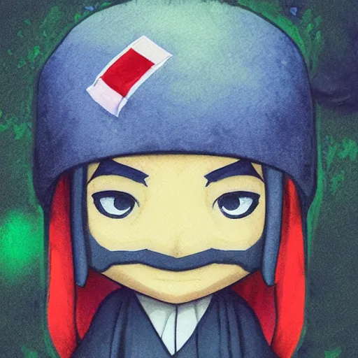 Image similar to water color painting of face detailing wizard in the style of matte painting nendoroid and chibi, eyes in the style of nendoroid, middle close up, Julian ope, flat shading, 2D illustration, Swiss modernizm, ukiyoe style, pixer, no shading, no gradient, no shadow