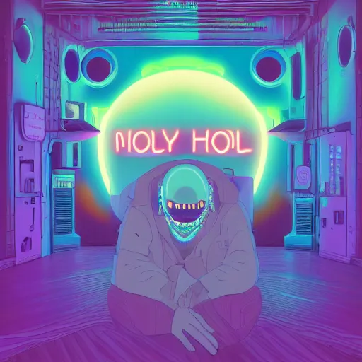 Prompt: neon holy album cover, cartoon digital painting, detailed, beautiful brush stroke rendering, by beeple, by hayao miyazaki, by takashi murakami, by masahiro ito, 4 k wallpaper