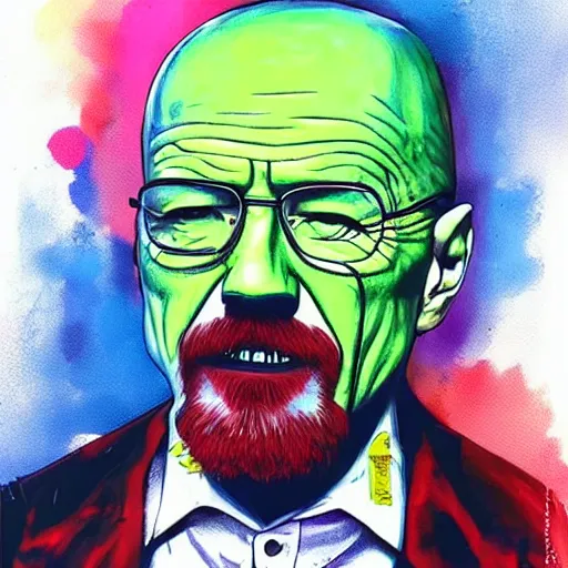 Prompt: walter white wearing the joker suit, dripping painting
