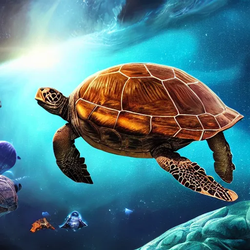 Prompt: giant turtle in space, giant turtle inside water, turtle glacier, 3 d render, high - quality image, turtle world, waterbodies, soft, concept art, intricate details, realistic, turtle machine, highly detailed, colorful, photorealistic, disney pixar, octane render, iridescent, anime, 8 k