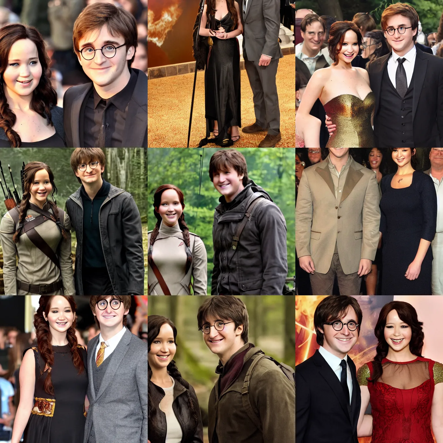 Prompt: Katniss Everdeen standing next to Harry Potter, both smiling for the camera