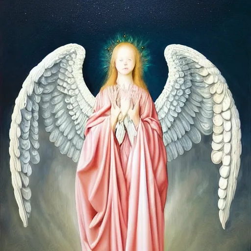 Image similar to highdetailed hyperrealistic painting of white angel!!! no gender smiling noface!!!, light instead of hands, white sparkles everywhere, 4 k hd face!!!, big silver high detailed wings!!!, renaissance, by jan van eyck, holography space, glow effect, large strokes, monochrome!!!!!, digital painting