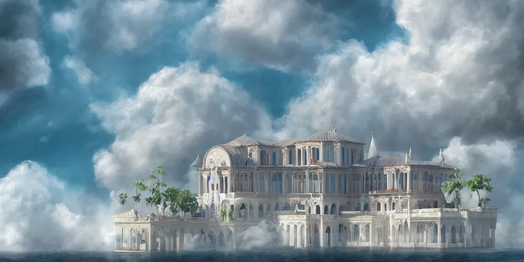 Image similar to beautiful digital illustration of a floating Byzantine palace in the clouds, fluffy cotton candy clouds clouds, architecture, concept art, deviantArt, artsation, artstation HQ, HD, 16k resolution, smooth, sharp detail, amazing depth, octane, finalRender, Unreal Engine