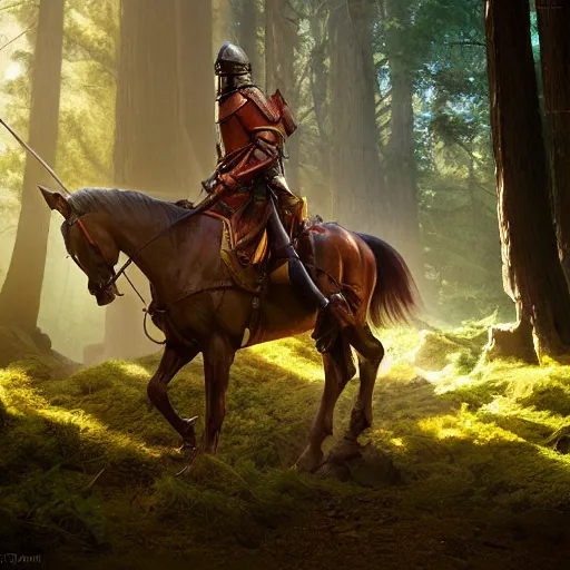 Prompt: mounted knight in a redwood forest, sunlit, octane render, matte, greg rutkowski, highly detailed, hdr