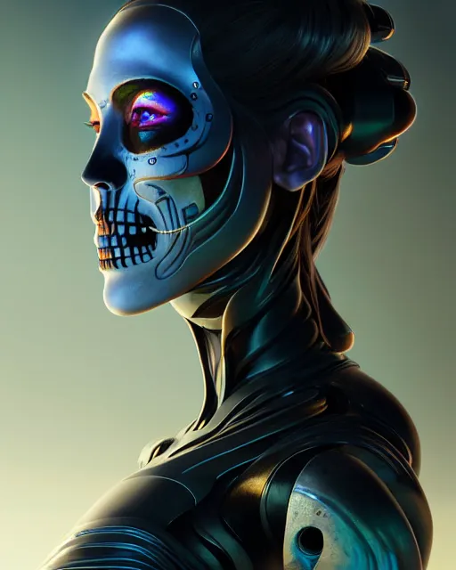 Prompt: side portrait of female android, sharp focus, sci - fi, fantasy art, digital illustration, dia de los muertos. octane render, unreal engine. concept art. art by artgerm and wlop and giger and greg rutkowski and rossdraws and alphonse mucha and gallen - kallela, 8 k, hdr