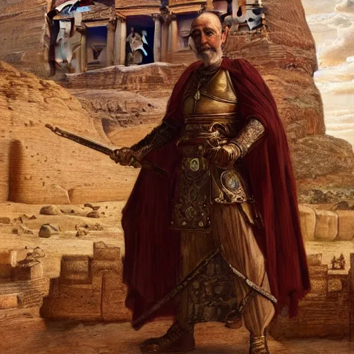 Prompt: orientalist portrait of an aged knight standing in front of petra ruins in jordan intricate artwork by Fabio Fabbi and john william waterhouse and Edwin Longsden Long and Nasreddine Dinet and Theodore Ralli trending on artstation, very coherent symmetrical artwork high detail 8k