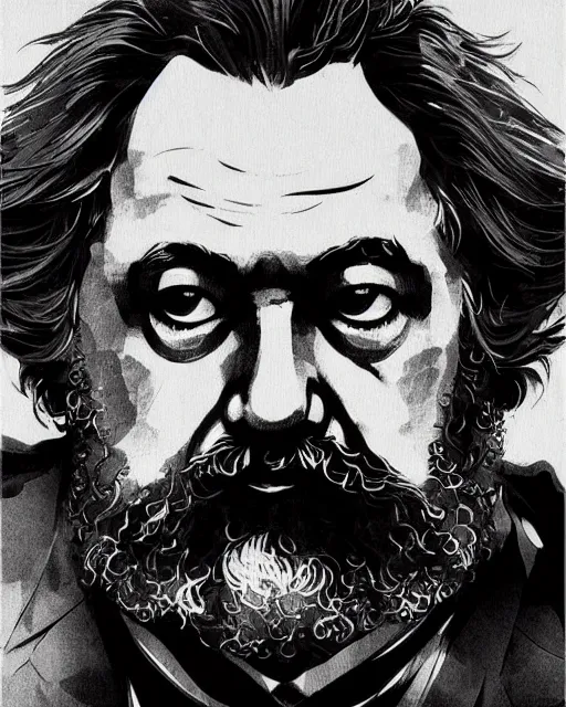 Prompt: portrait of a karl marx, concept art, sumi - e style, artstation, trending, highly detailed, smooth, focus, art by yoji shinkawa