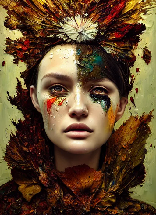 Prompt: portrait of beautiful female model by irakli nadar, perfect face symmetry, with intricate detailed color smashing fluid oil paint and acrylic, dried moss and dried autumn leaves headdress, half face mask, haunting, elite, elegant, melting wax, mycelia, abstract impressionism, ruan jia, dark fantasy, hyper detailed, concept art, by gustav klimt,