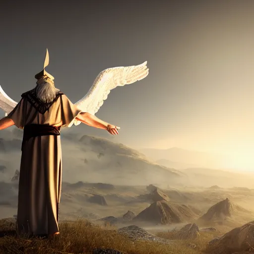 Image similar to Angel Gabriel makes Odin believe One God by concept art,masterpiece,fantastic,epic,octane render,8K HD Resolution, High quality image”