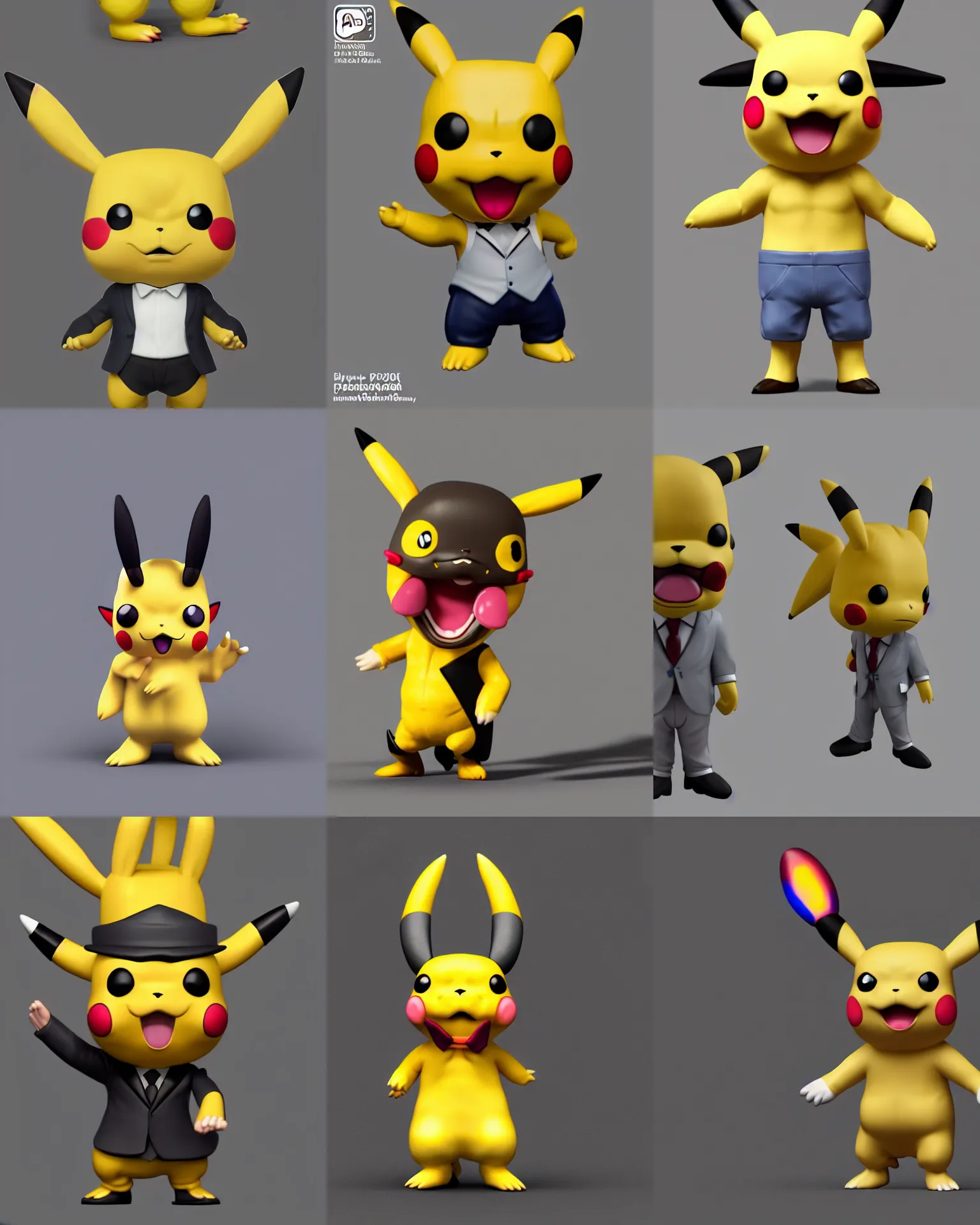 Prompt: full body 3 d render of styles pikachu in suit as a funko pop!, studio lighting, grey background, single body, no shadow, blender, trending on artstation, 8 k, highly detailed