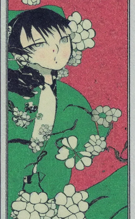 Prompt: by akio watanabe, manga art, just a clover trasported by the wind, trading card front