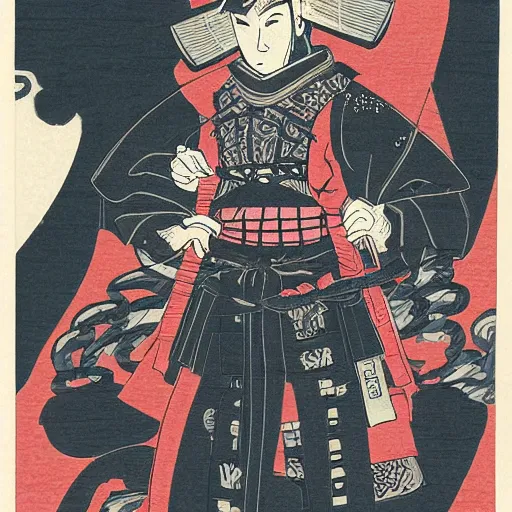 Prompt: cyberpunk samurai in the style of hokusai