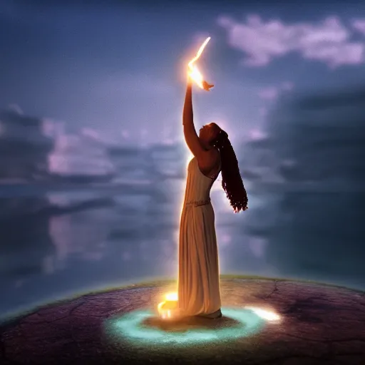 Image similar to earth goddess performing a ritual. photorealistic, cinematic, filmic, volumetric lighting