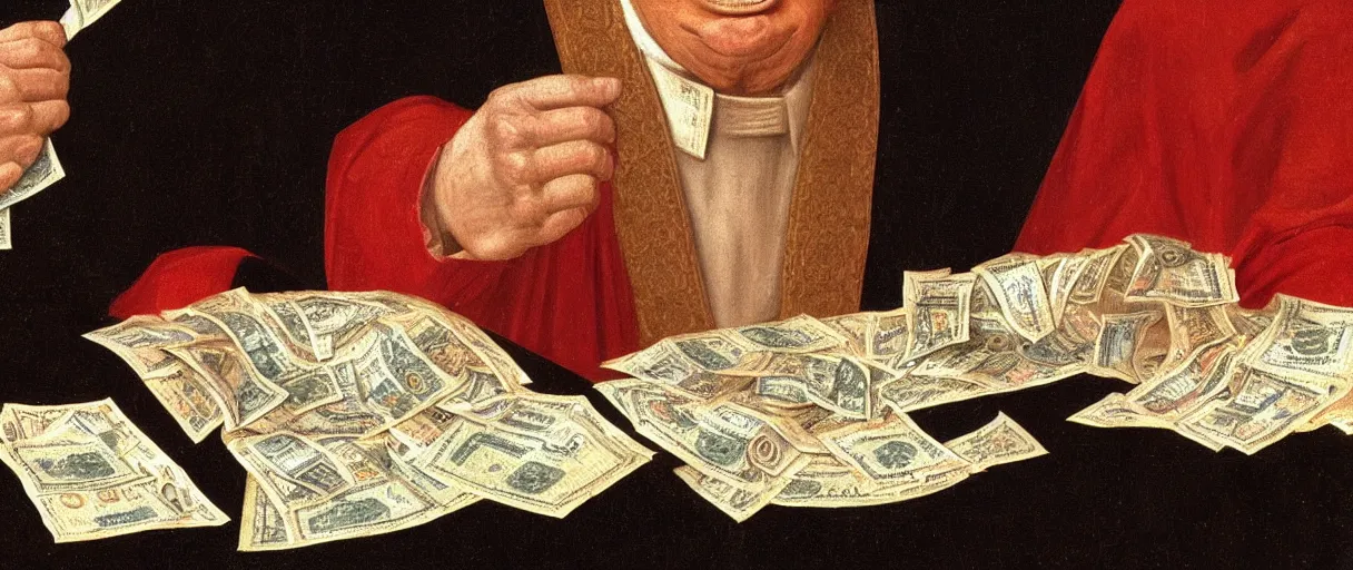 Image similar to donald trump counting money, a medieval painting, ultra - detailed, 8 k