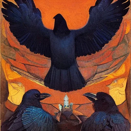 Image similar to coronation of the raven, by Annie Swynnerton and Nicholas Roerich, bioluminescent skin!, elaborate costume, geometric ornament, symbolist, rich colors, dramatic lighting, smooth, sharp focus, extremely detailed