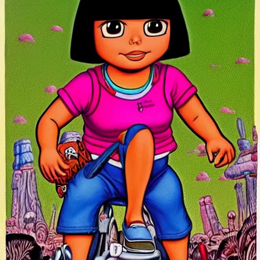 Prompt: dora the explorer as real girl, in lowbrow style, realism painted by Robert Crumb, Victor Moscoso, Steve Clay Wilson