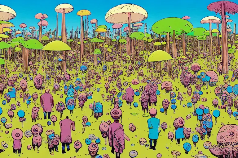 Image similar to surreal glimpse into other universe, inside a marshmallow forest in an ice cream valley, summer morning, very coherent and colorful high contrast, art by geof darrow, dark shadows, hard lighting