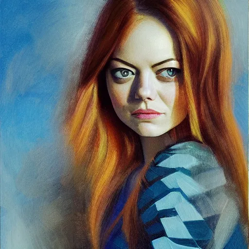 Image similar to emma stone, chthonic portrait, by shulzhenko, nikolay kopeykin, lozhkin, vdovenko, oil painting art