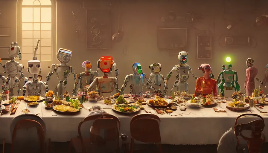 Image similar to a table dinner of robots where robots are dressed like the characters from the midsommar movie, cinematic, hyperdetailed, octane render, trending on art station, ultrarealistic