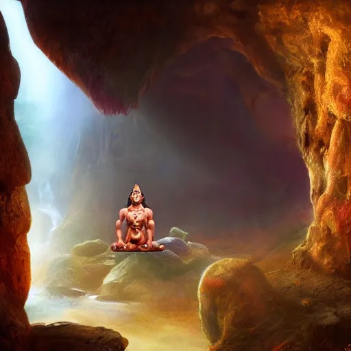 Image similar to photo realistic Hanuman meditating in caves of magical world, foggy ,muscular body,glowing effect, clean clear face,artstation, devianart, hyperreal, hyperdetailed, 8k,hd