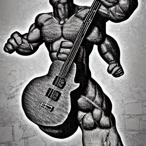 Image similar to big muscle man with a guitar as a body, digital art, intricate