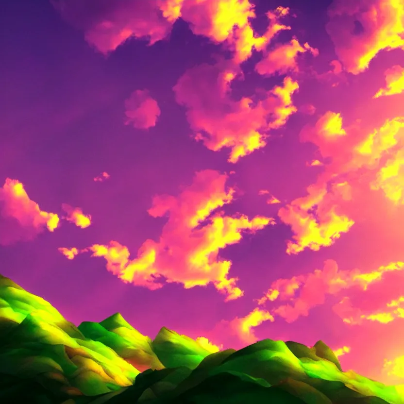 Image similar to green valley under treasure planet pink and yellow clouds beautiful lighting vivid colors intricate elegant smooth sharp focus highly detail