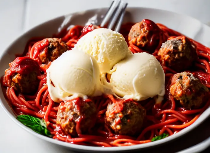 Image similar to dslr food photograph of spaghetti and meatballs topped with vanilla ice cream and a cherry on top, 8 5 mm f 1. 8