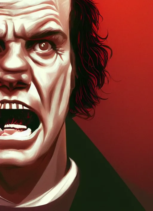 Image similar to young jack nicholson as jack torrance from the shining ( 1 9 8 0 ) portrait illustrated by rossdraws, calm depressed expression, vivid colors, soft lighting, digital artwork 4 k, best of artstation