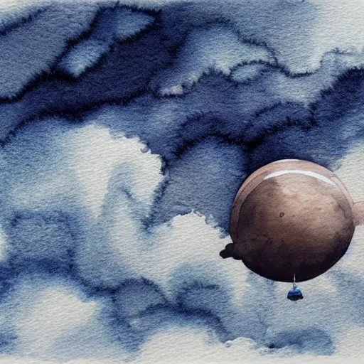 Prompt: high - angle view, from 1 0 0 0 feet in distance, vague uap interstellar vehicle on top of dramatic moody clouds in the sky, muted ink and pearlescent paint. watercolor. minimalist, detailed, muted colors. ue 5