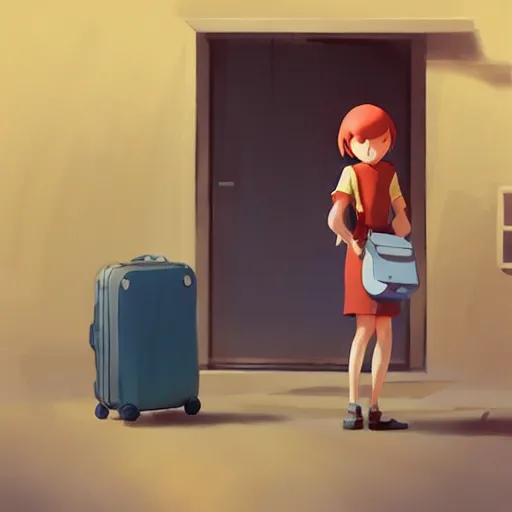 Prompt: goro fujita ilustration heerful girl taking the suitcases out of her house, characterized by cushart krenz, character art, sharp focus, highly detailed, artstation