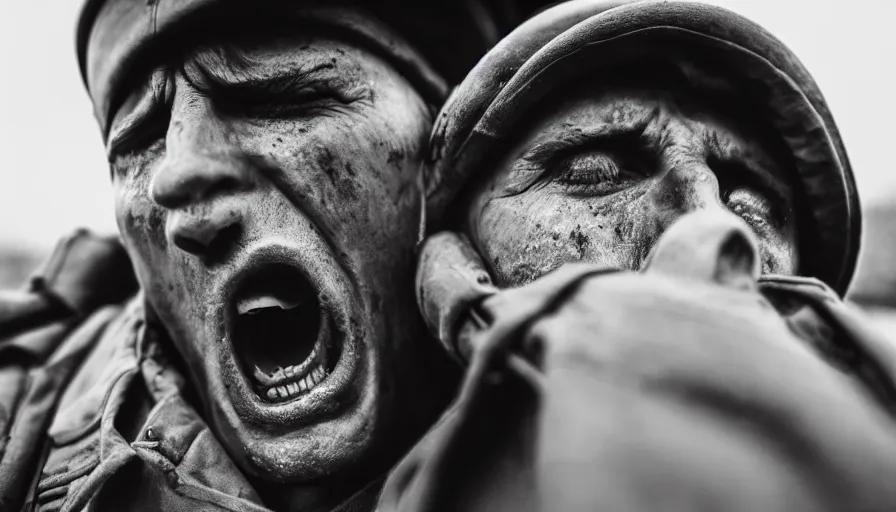 Image similar to World War 1 soldier screaming in anguish, close-up of face, wartorn landscape, dirty lens, shallow depth of field, cinematic lighting, IMAX, cinematography, 35mm