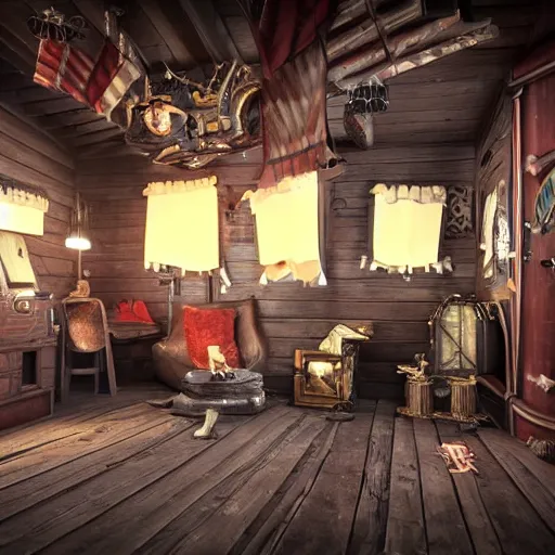 Image similar to the inside of an impressive award - winning pirate themed escape room set on the deck of a pirate ship. hyper - realistic, realistic color 3 d render