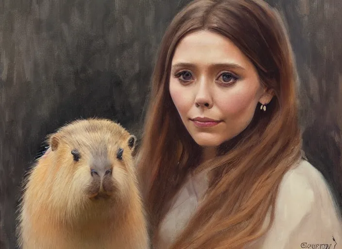 Image similar to a highly detailed beautiful portrait of elizabeth olsen with a capybara, by gregory manchess, james gurney, james jean