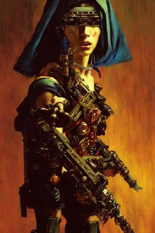 Image similar to full character portrait max mad cyberpunk warhammer 4 0 k, tech priest not the girl with the pearl earring character design, painting by gaston bussiere, katsuya terada, wyeth, craig mullins, hiroshi yoshida, ( ( ( ( ( vermeer ) ) ) ) ), frank frazetta, mucha, tom of finland, trending on artstation