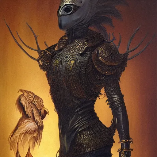 Prompt: young female in detailed golden mask of raven by Wayne Barlowe