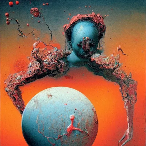 Image similar to a sphere being devoured by abstract splatters of paint in the style of francis bacon, venus being engulfed in flames in the style of james jean, surreal, beksinski, high detailed