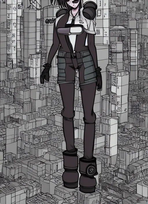Prompt: commission of a beautiful illustration of a female anthro fox fursona wearing mechanic clothes in a industrial cyberpunk city. character design by Kinoshita Jiroh, Hyaku. Detailed, inked, manga cover