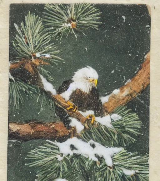 Image similar to tattered postcard of 'an eagle in the nest of a snowy pine tree'