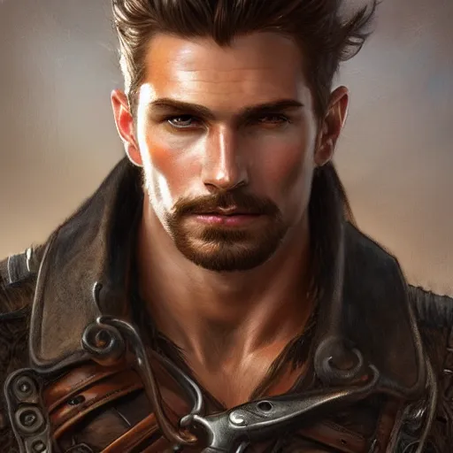 Image similar to portrait of a young, ruggedly handsome ranger, muscular, half body, leather, fantasy, intricate, elegant, highly detailed, digital painting, artstation, concept art, smooth, sharp focus, illustration, art by artgerm and greg rutkowski and alphonse mucha