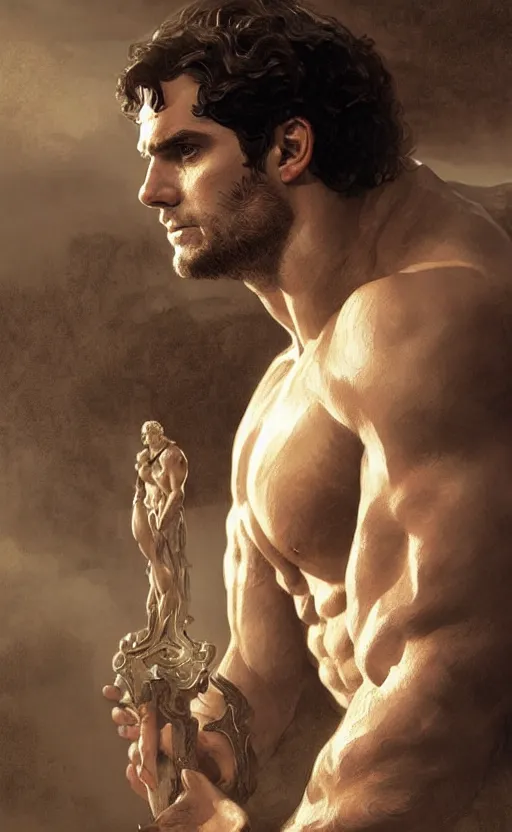 Image similar to Henry Cavill as a Greek god, gorgeous, amazing, muscular, intricate, highly detailed, digital painting, artstation, concept art, sharp focus, illustration, art by greg rutkowski and alphonse mucha