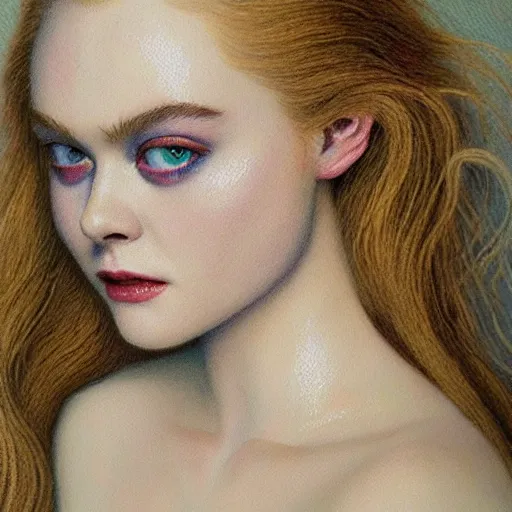 Image similar to Painting of Elle Fanning as a vampire, long blonde hair, delicate, pale milky white porcelain skin, pointillism. 8K. Extremely detailed.