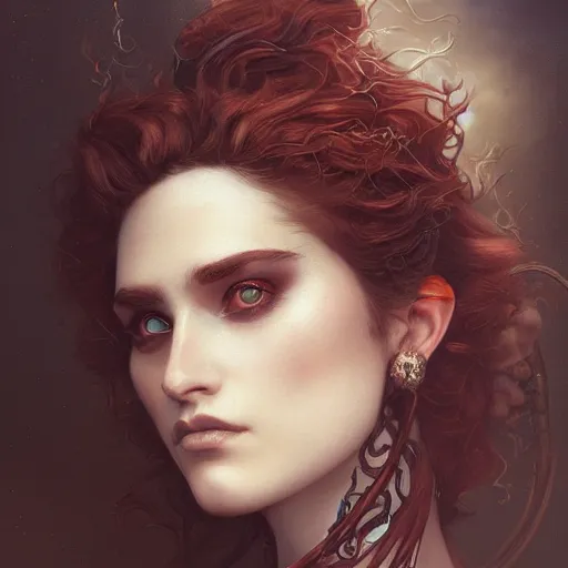 Image similar to tom bagshaw portrait, very beautiful pirate in a full dress and long thin lustrous auburn hair, curiosities, professionally retouched, focus eyes, ultra realistic soft painting, insanely detailed linework, symmetrical accurate intricate features, behance, 8 k