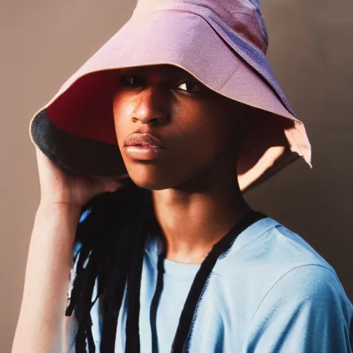 Image similar to realistic photoshooting for a new arcteryx lookbook, color film photography, portrait of a beautiful woman, model is wearing a bucket hat, photo in style of tyler mitchell, 3 5 mm,