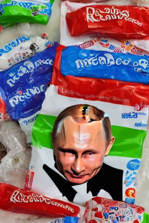 Prompt: vladimir putin's face on a kinder packaging