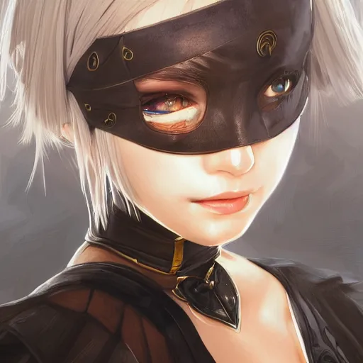 Image similar to closeup of 2B from NieR Automata wearing her blindfold, D&D, fantasy, intricate, elegant, highly detailed, digital painting, artstation, concept art, matte, sharp focus, illustration, hearthstone, art by Artgerm and Greg Rutkowski and Alphonse Mucha