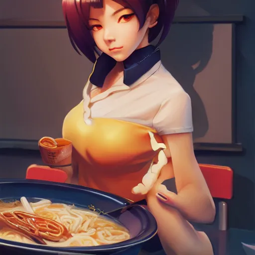 Image similar to Overwatch girl eating Ramen. By ilya kuvshinov, krenz cushart, Greg Rutkowski, trending on artstation. Glossy materials, sharp highlights, amazing textured brush strokes, accurate shape, clear curvy details, cinematic soft volumetric studio lighting, with backlight, VFX, HDR