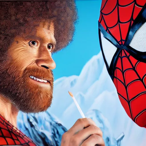 Image similar to a closeup photorealistic photograph of bob ross working on a canvas painting of spiderman. film still. brightly lit scene. mountains and trees. this 4 k hd image is trending on artstation, featured on behance, well - rendered, extra crisp, features intricate detail, epic composition and the style of unreal engine.