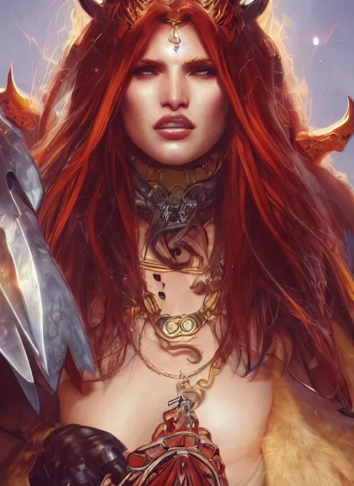 Image similar to ultra realistic illustration, bella thorne as diablo 3 barbarian anime, intricate, elegant, highly detailed, digital painting, artstation, concept art, smooth, sharp focus, illustration, art by artgerm and greg rutkowski and alphonse mucha and wlop